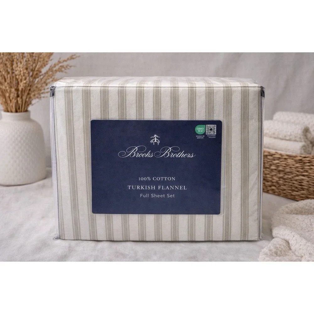 Brooks Brothers Luxury Turkish Cotton‎ Flannel Sheet Set Beige White Size Full